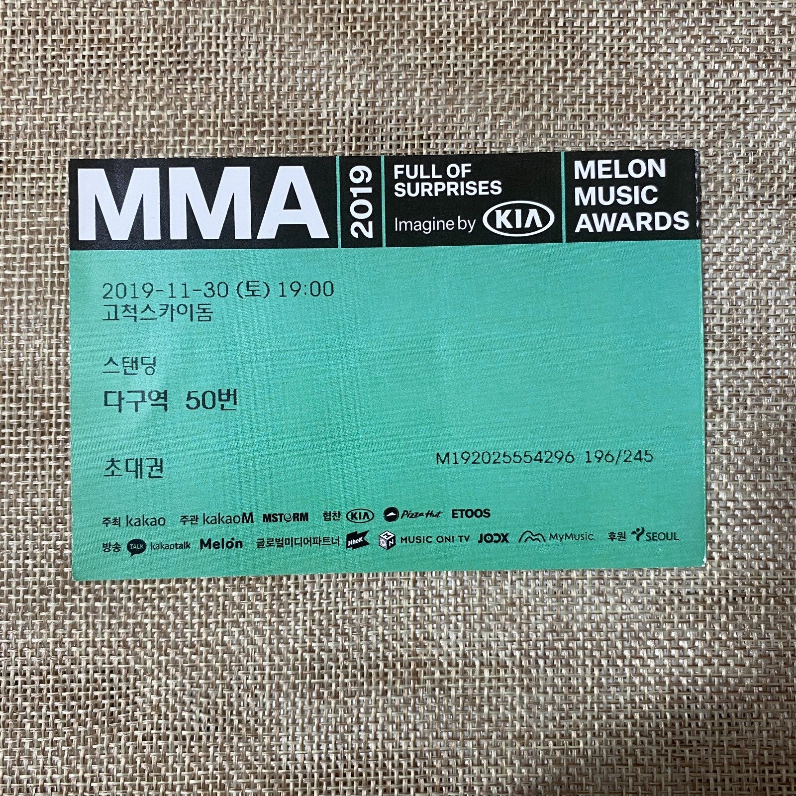 BTS 2019 #2 [MMA Melon Music Awards] Official Concert Ticket / New, Rare / Gift