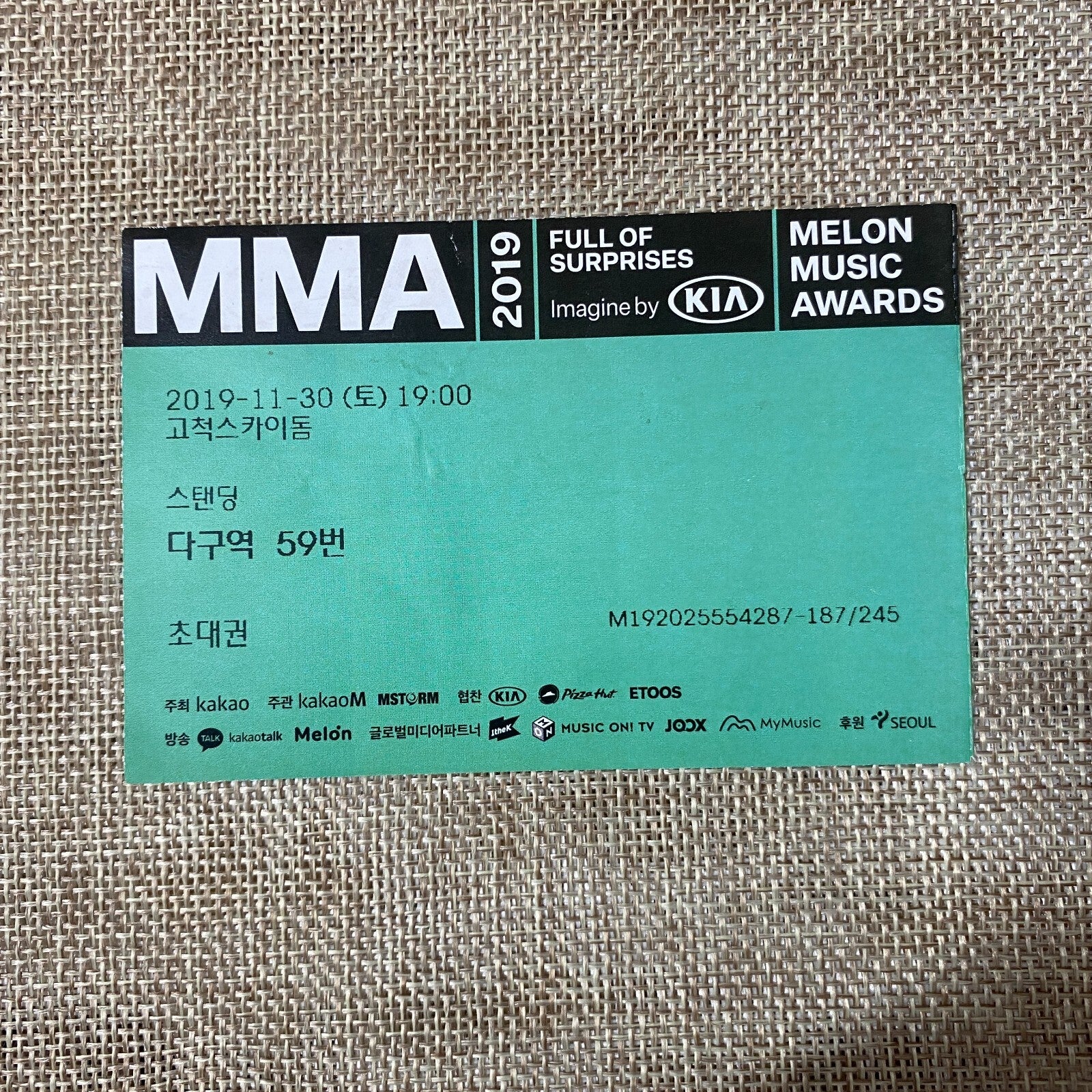 BTS 2019 #1 [MMA Melon Music Awards] Official Concert Ticket / New, Rare / Gift