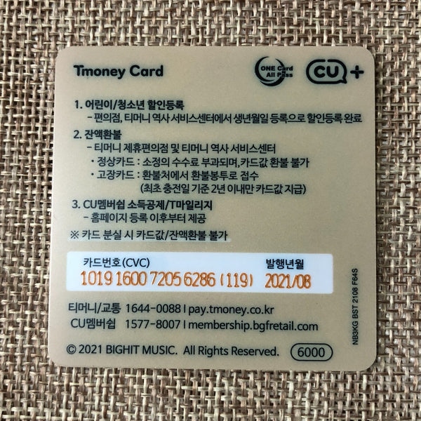 BTS SUGA [ 2021 CU T-Money ] Official Mini transparent Photocard / New / Gift