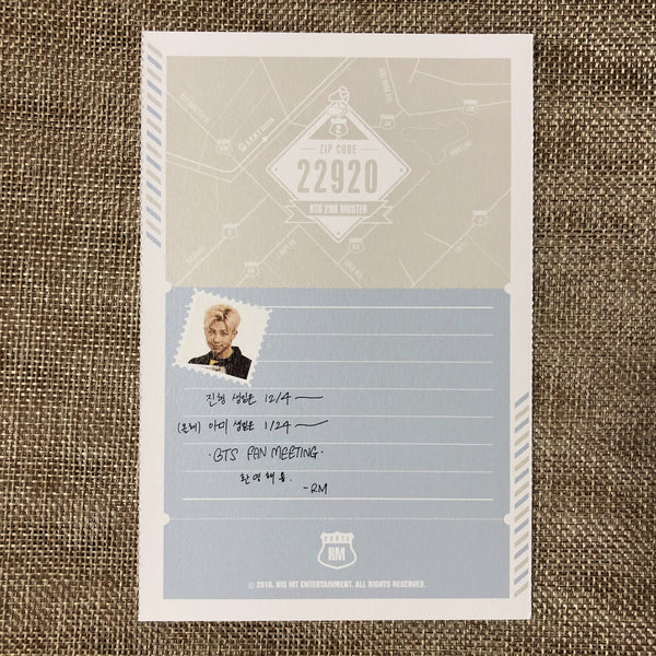 BTS RM RAP MONSTER [ ARMY 2nd Muster ZIP CODE 22920 Official Postcard ] Rare /+G