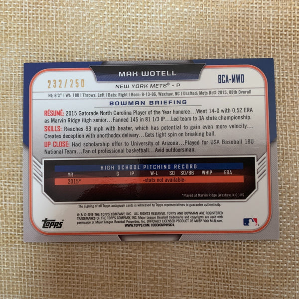 2015 Bowman Chrome Purple Refractor Auto Max Wotell 232 of 250 / Mint / Gift