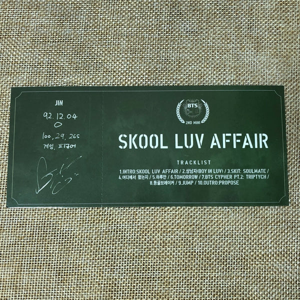 BTS JIN #1 [ SKOOL LUV AFFAIR ] Official Photocard, 2nd Mini Album / New / Gift