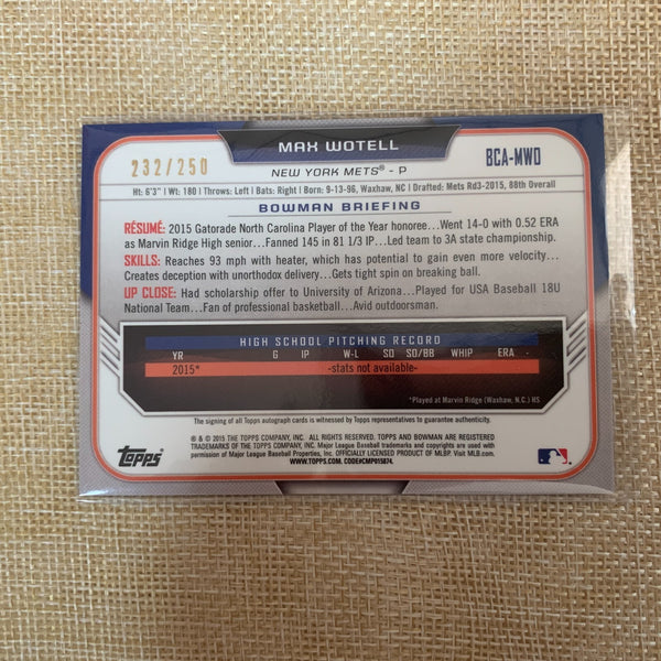 2015 Bowman Chrome Purple Refractor Auto Max Wotell 232 of 250 / Mint / Gift