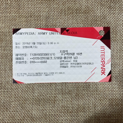 BTS 2019 [ ARMYPEDIA Army United in Seoul ] Official Ticket / New, Rare / Gift