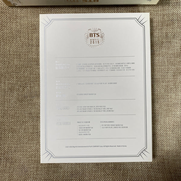BTS [ Memories of 2015 ] Official DVD All / EN, CH, KR + Photobook / Used /GFT