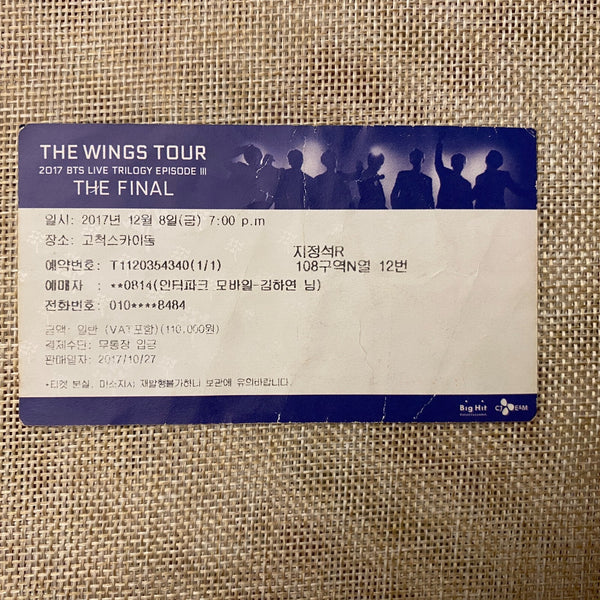 BTS 2017 #1 [The Wings Tour The Final] Official Concert Ticket / Mint, Rare /+G